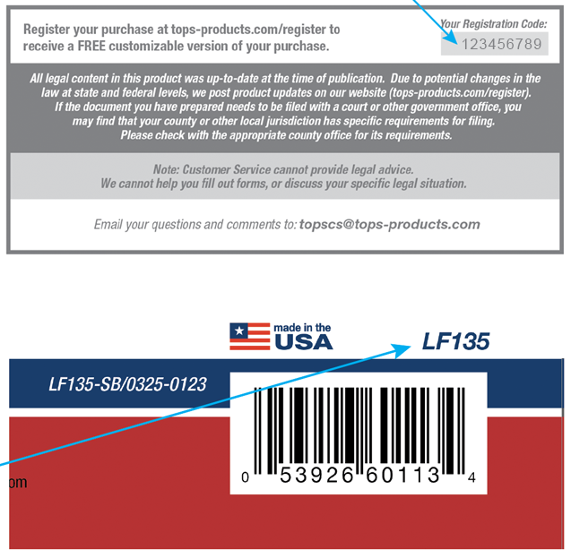 Registration code location on product packaging