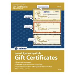 Adams Gift Certificate, Laser, 3-Up, 30 per pack