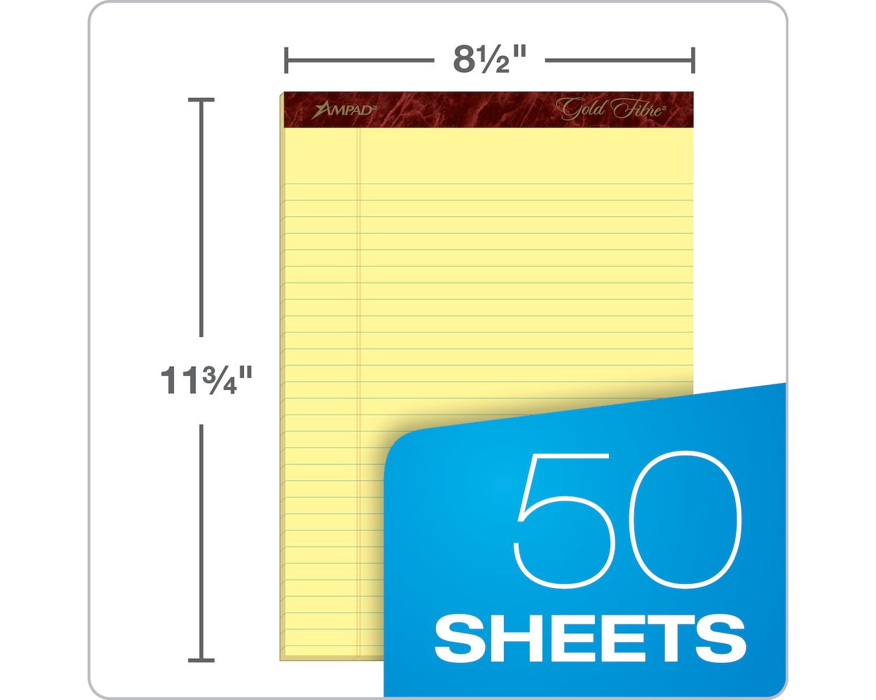 Ampad® Gold Fibre® Writing Pads, 8-1/2" x 11-3/4", Legal Rule, Canary Paper, 50 Sheets, 12 Pack TOP20020R-BULK