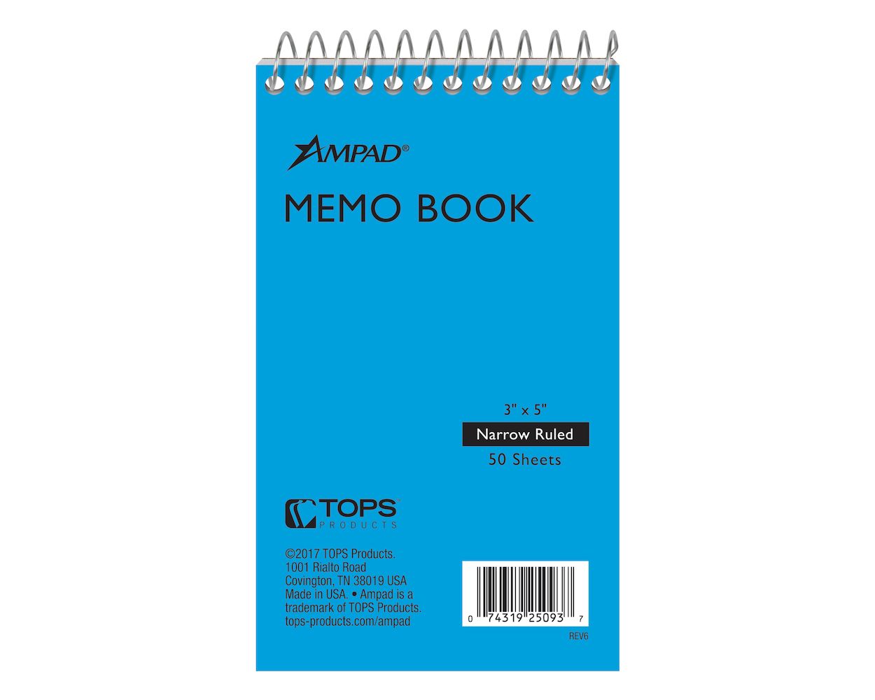 Ampad® Top-Bound Memo Book, 3" x 5", Narrow Rule, 50 Sheets TOP25093R-BULK