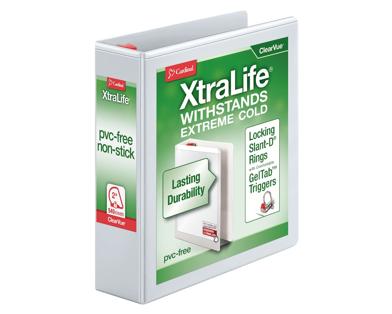 Cardinal XtraLife ClearVue Binder, Locking SlantD Rings, 2", White