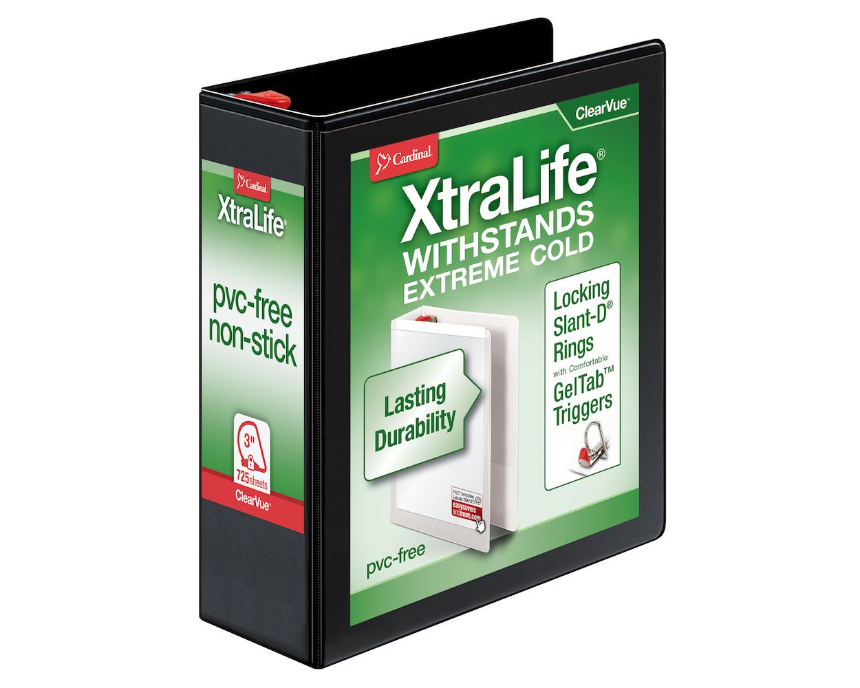 Cardinal XtraLife ClearVue Non-Stick Locking Slant-D Ring Binder, 3 inch, Black