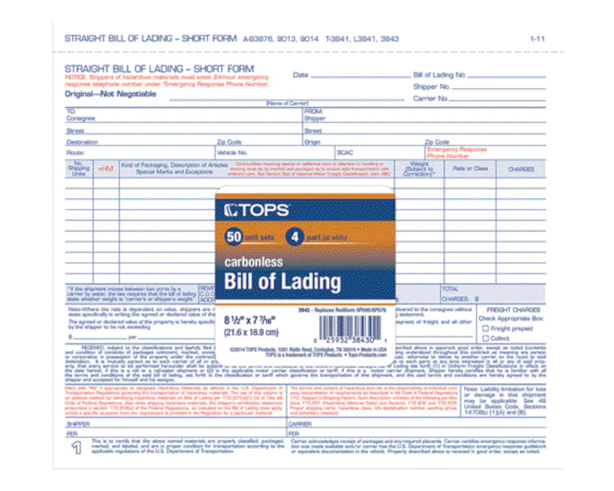 Straight Bill Of Lading – Short Form – Snap-out, 3-ply, Carbonless, 8.5″ X 7.75″ (0.75″ Top Tear-off) (Part # 862) – American Pride - View #3