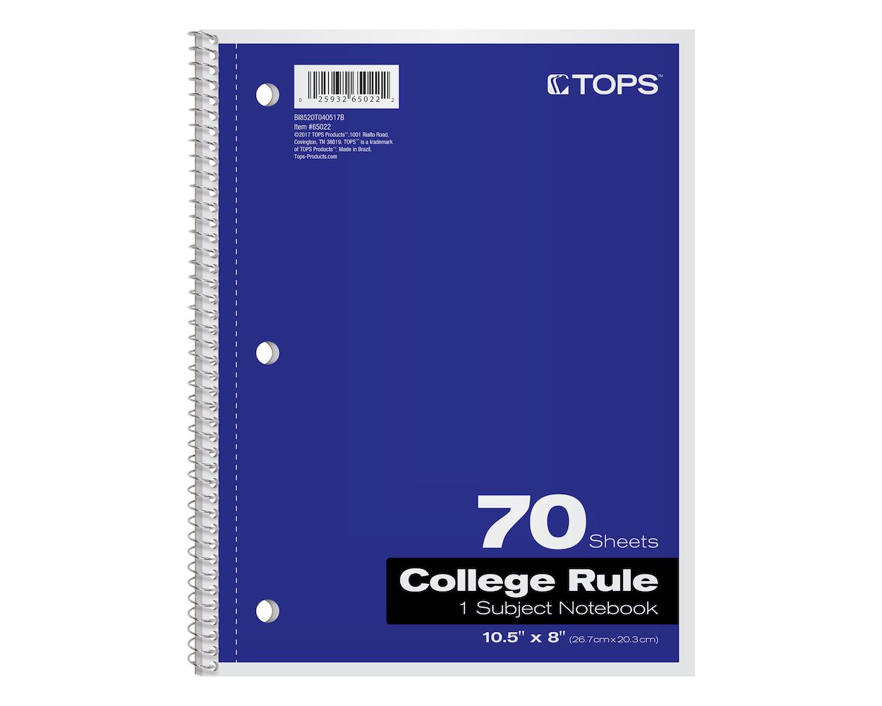 Spiral Notebooks COLLEGE Rule 1-Subject 8x10.5 70 Sheets Cover BLUE Pack of 10 
