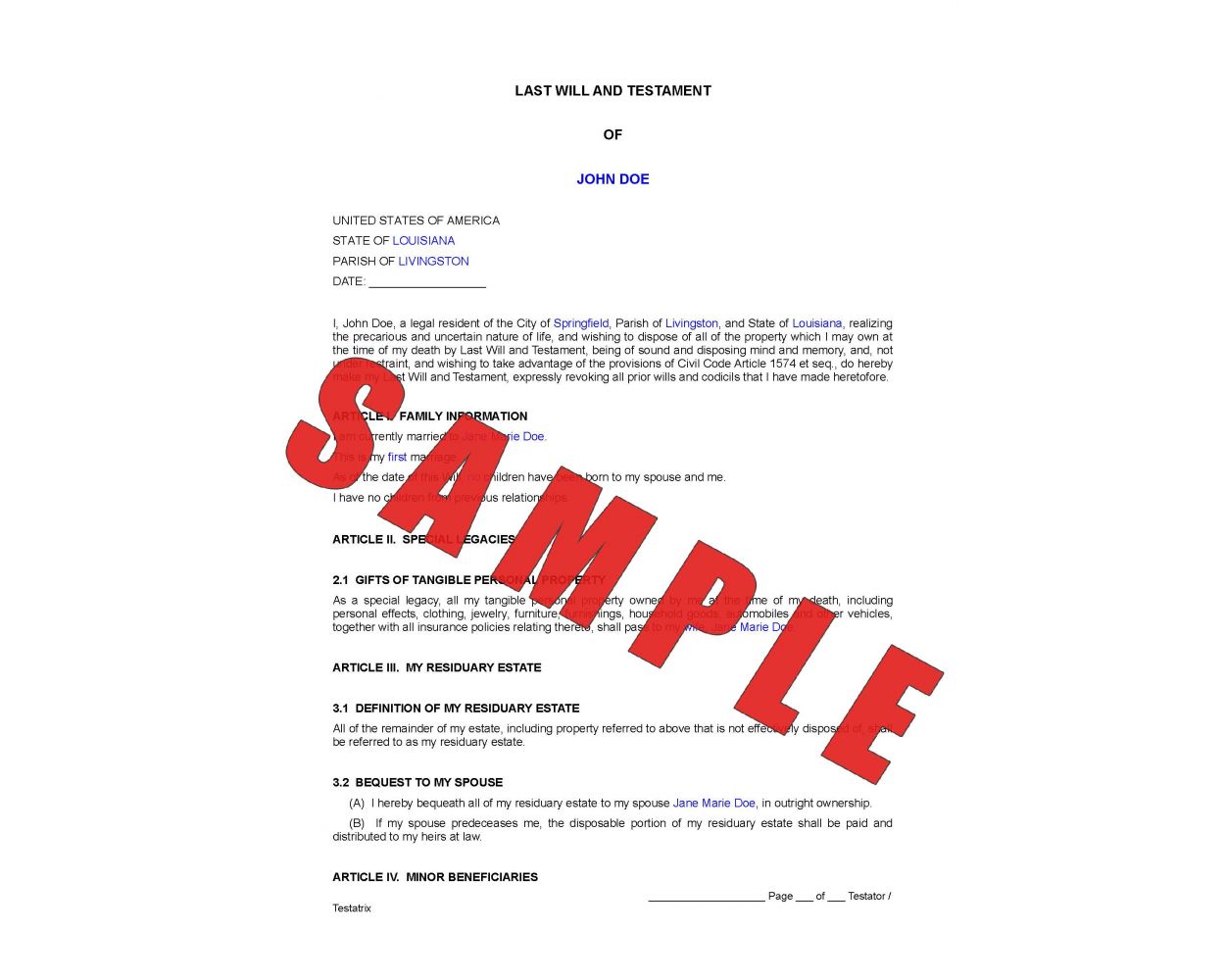 Will for Married Testator Louisiana Custom Online Legal Form