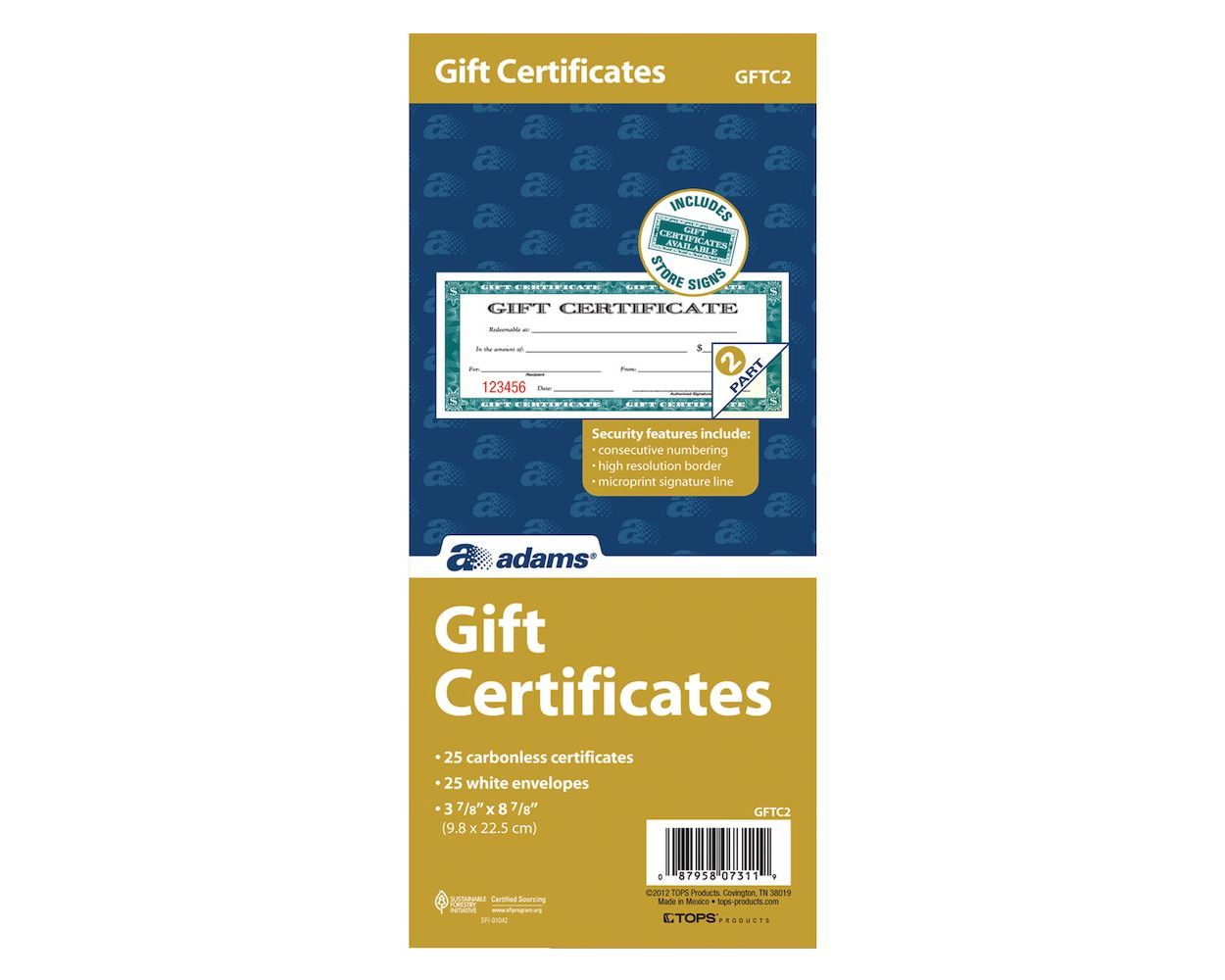 Wholesale Gift Certificates: Discounts on Adams Gift Certificate, 2-Part Carbonless, 25 Numbered Certificates per Book ABFGFTC2
