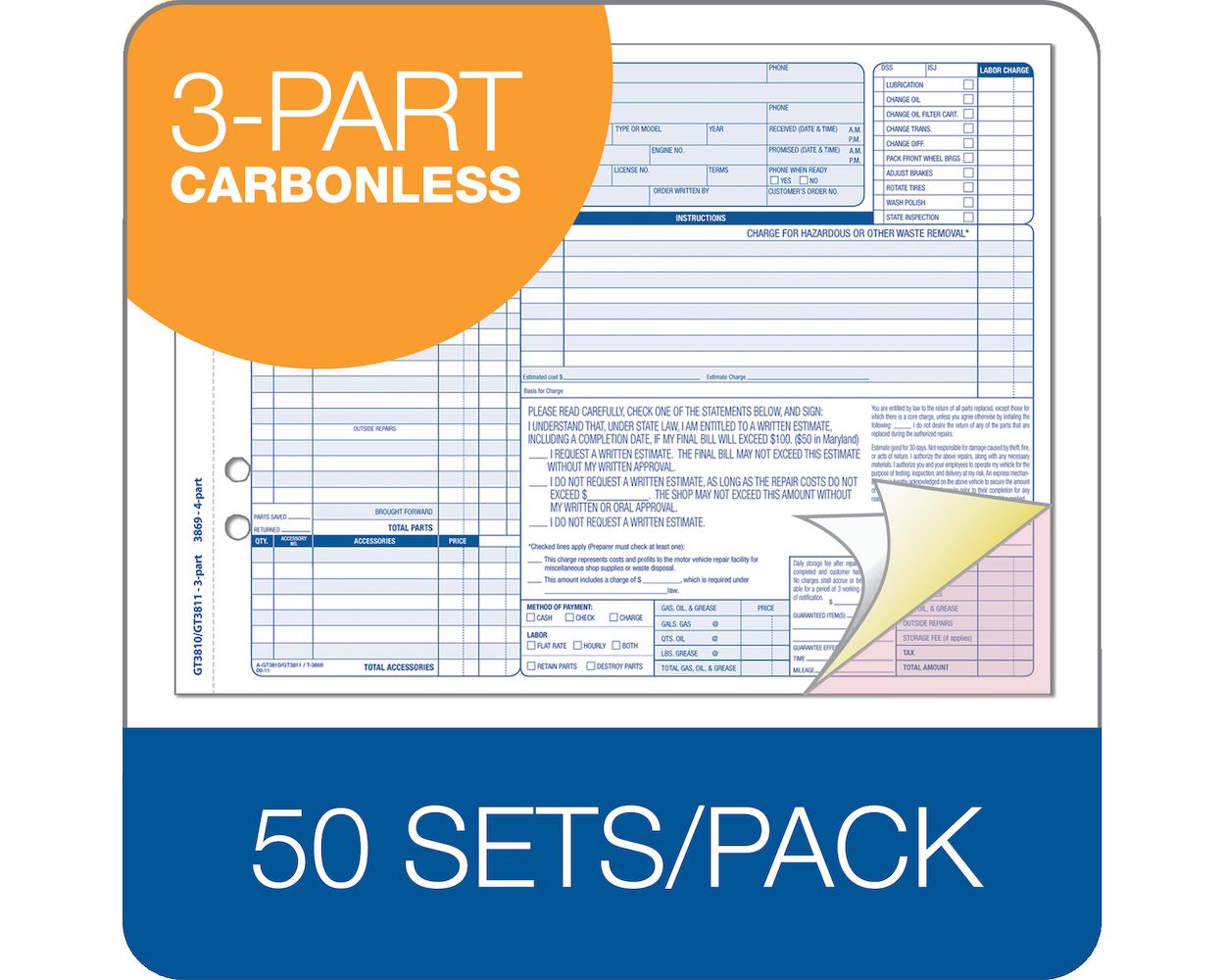 Adams Garage Repair Order, 3-Part, Carbonless, 50/PK