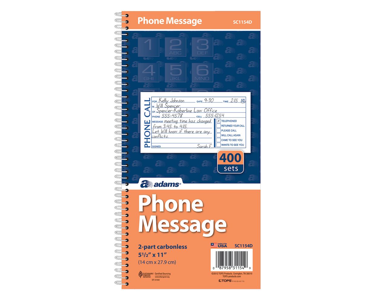 Telephone Message Book 400 duplicated messages 4 per page recycled paper 01762