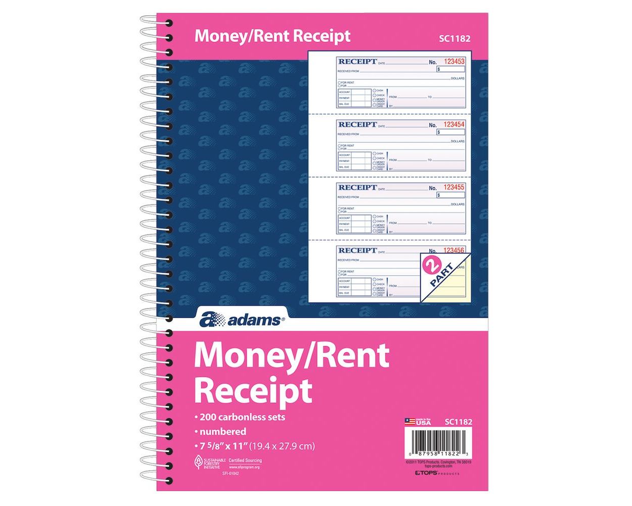 Spiral Bound Adams Money and Rent Receipt Book 7-5/8 x 11 SC1182 4 Receipts per Page White/Canary 200 Sets per Book 2-Part Carbonless 
