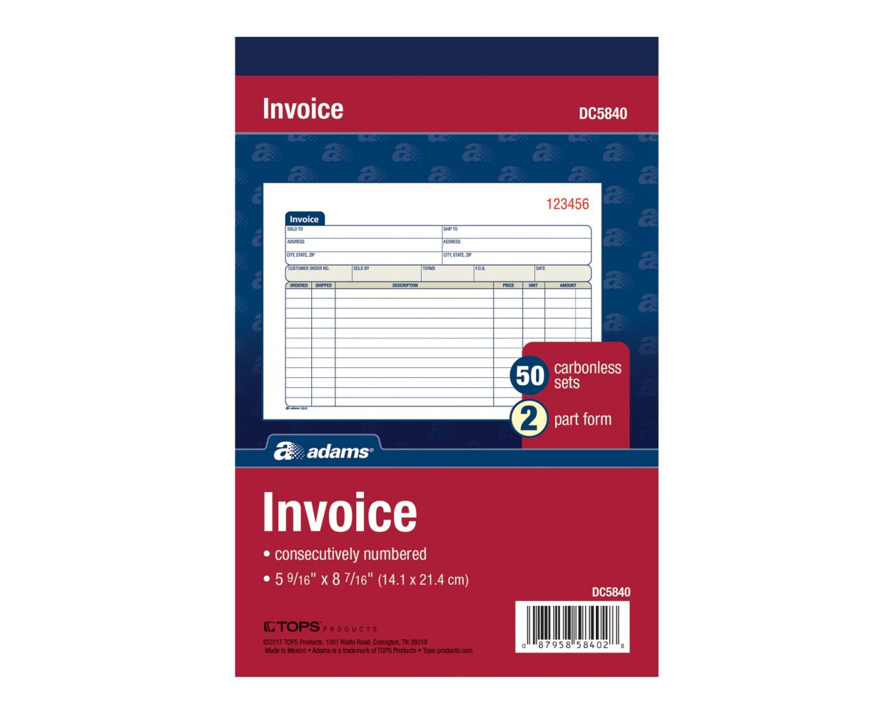 Adams Invoice Book, 2 Part, Carbonless, 8.38 X 7.19 Inches, 50 Sets Per Book, White And Canary (D8740